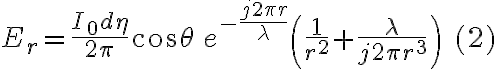 E_r = \frac{I_0 d \eta}{2 \pi} \cos \theta \, e^{-\frac{j 2 \pi r}{\lambda}} \left( \frac{1}{r^2} + \frac{\lambda}{j 2 \pi r^3} \right) \quad (2)