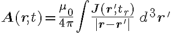\mathbf{A}(\mathbf{r}, t) = \frac{\mu_0}{4\pi} \int \frac{\mathbf{J}(\mathbf{r'}, t_r)}{|\mathbf{r} - \mathbf{r'}|} \, d^3\mathbf{r'} \mathbf{A}(\mathbf{r}, t) = \frac{\mu_0}{4\pi} \int \frac{\mathbf{J}(\mathbf{r'}, t_r)}{|\mathbf{r} - \mathbf{r'}|} \, d^3\mathbf{r'}