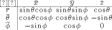  \begin{array}{c|ccc} & \hat{x} & \hat{y} & \hat{z} \\\hline\hat{r} & \sin\theta \cos\phi & \sin\theta \sin\phi & \cos\theta \\\hat{\theta} & \cos\theta \cos\phi & \cos\theta \sin\phi & -\sin\theta \\\hat{\phi} & -\sin\phi & \cos\phi & 0 \\\end{array}