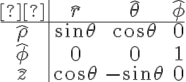 \begin{array}{c|ccc} & \hat{r} & \hat{\theta} & \hat{\phi} \\\hline\hat{\rho} & \sin\theta & \cos\theta & 0 \\\hat{\phi} & 0 & 0 & 1 \\\hat{z} & \cos\theta & -\sin\theta & 0 \\\end{array}